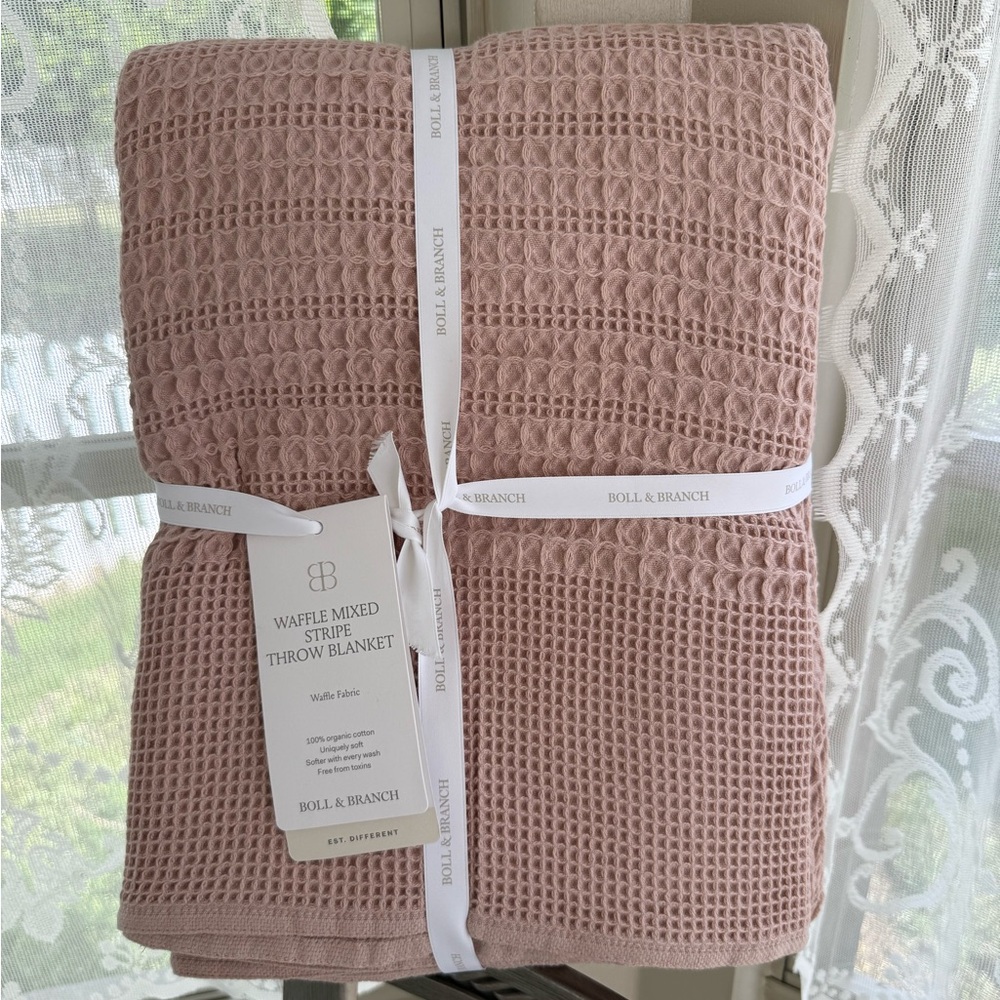 Boll and Branch Waffle Mixed Stripe THROW Blanket DUSTY ROSE